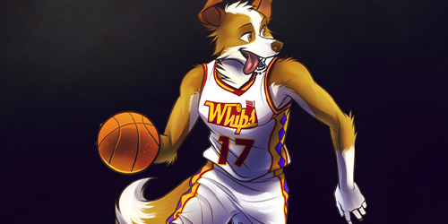 Artwork by Pac of a canine playing basketball