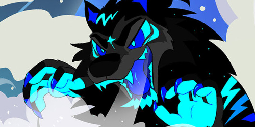 Artwork of HOWL OUT's fursona, a black and blue wolf.