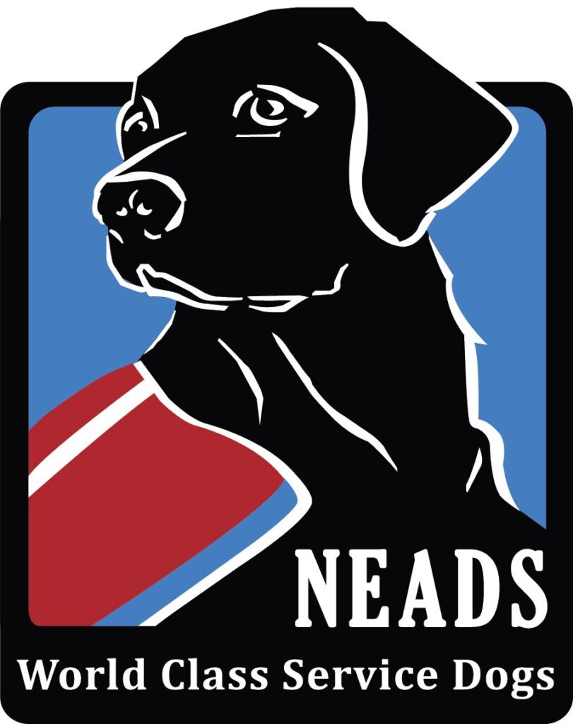 NEADS Service Dogs logo, depicting a black Labrador dog in a red service dog vest.