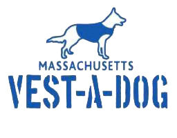 Massachusetts Vest-a-Dog logo, featuring a white and blue outline of a german shepherd police dog, in a vest.