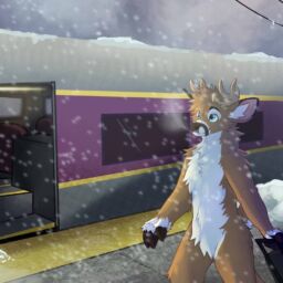 ANE's mascot deer, Copley, walking along a train platform next to an MBTA passenger car as snow falls around them.