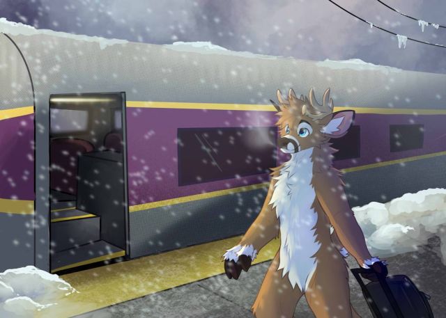 ANE's mascot deer, Copley, walking along a train platform next to an MBTA passenger car as snow falls around them.