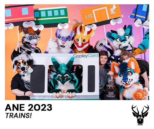 A polaroid of a group of fursuiters from ANE 2023, with train props