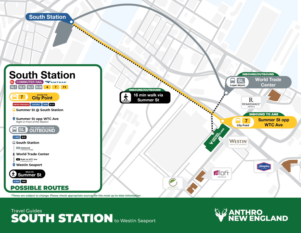 A map showing all of Anthro New England's hotels in relation to available MBTA transit services. From South Station it is a 16 minute walk inbound/outbound, there is a $2.40 Silver Line service to World Trade Center for an 11 minute trip to the Westin, or the 7 Bus towards City Point stops right at the Westin, taking 7 minutes and costing $1.70.