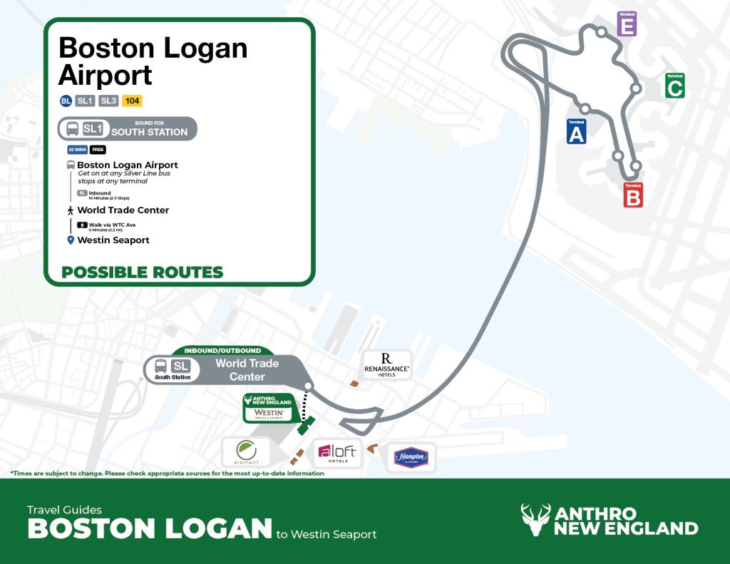 Infographic showing the Silver Line SL1 rapid-bus service to/from Boston Logan and Westin Seaport hotel. Take the SL1 from Logan to World Trade Center station, walk 6 minutes (0.2 miles) to the hotel.