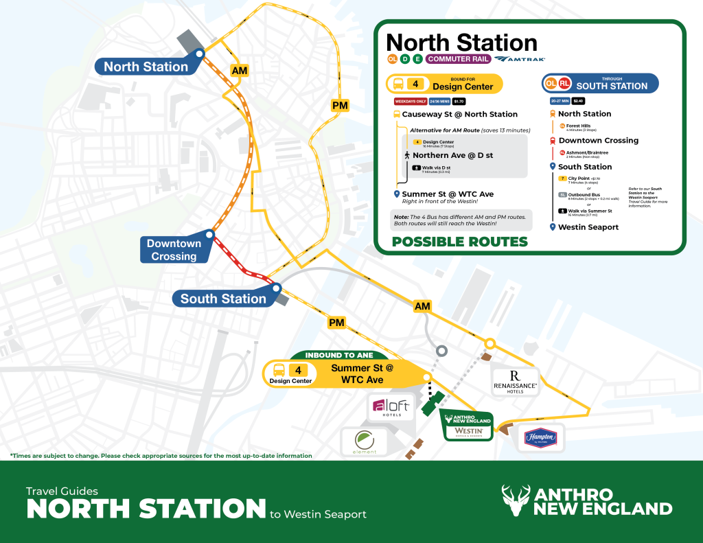 Infographic showing the route to get from North Station to the Westin Boston Seaport hotel, via either the 4 Bus bound for Design Center (limited service on weekdays only), or the Orange line, transfer at Downtown Crossing to the Red line, then at South Station to the Silver line or 7 Bus to the final stop at World Trade Center.